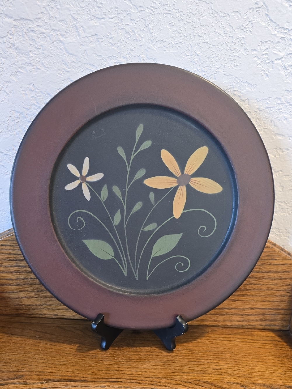 Wooden Folk Art Decorative Floral Accent Plate in Black and Brown